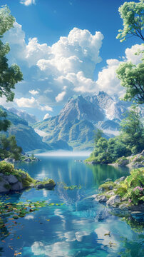 山間湖泊美景，綠樹白云映照