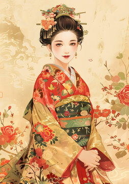 身穿紅色和金色圖案和服的美麗日本女性，以及花卉背景