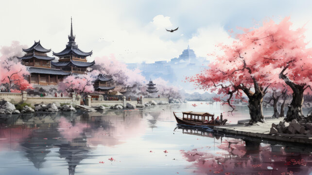 中國(guó)風(fēng)河邊盛開的櫻花樹和古建筑