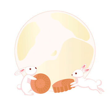 中秋節(jié)圓月兔子與月餅插畫元素