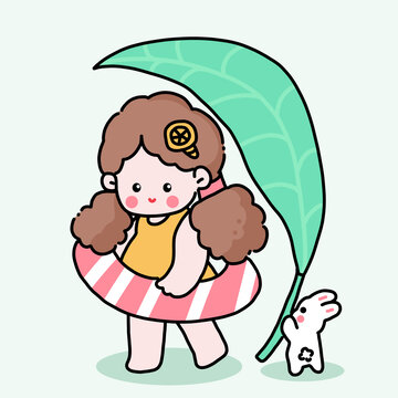 小兔子在給給女孩打傘卡通插畫