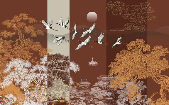 新中式刺繡山水背景墻