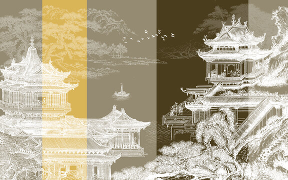 新中式樓閣刺繡山水背景墻