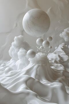 白色星球在白色波浪上空漂浮