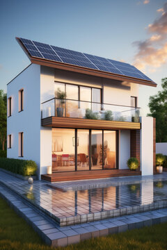 現(xiàn)代生態(tài)住宅配備太陽能電池板和游泳池