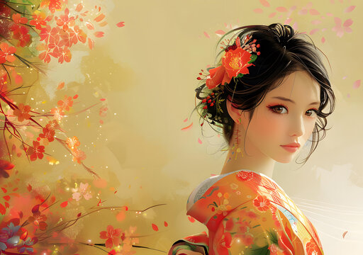 身穿和服的美麗日本女性，她的頭發(fā)上裝飾著紅色和橙色的花朵