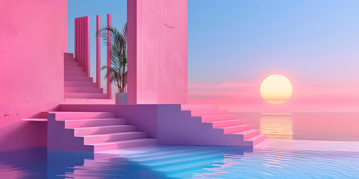 粉色日落樓梯抽象極簡主義背景
