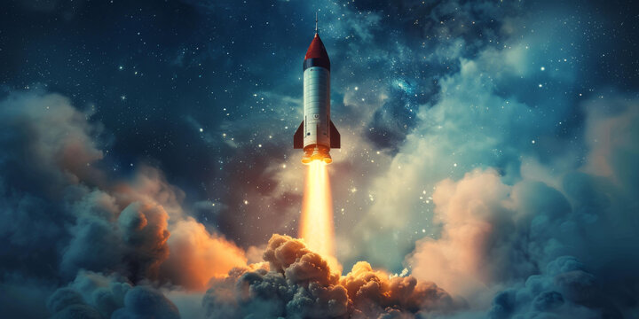 一枚火箭在太空中發(fā)射背景是星星