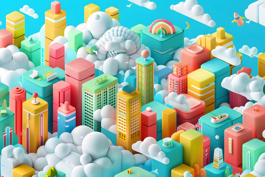夢幻多彩城市云彩彩虹3D