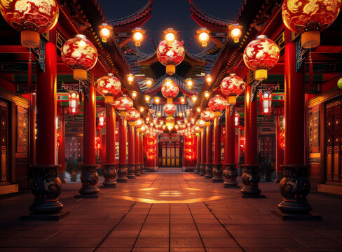 中國庭院的紅燈籠