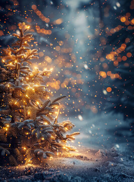 白雪皚皚的森林中，一棵圣誕樹閃耀著光芒