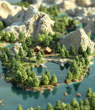 低多邊形森林和湖泊3D