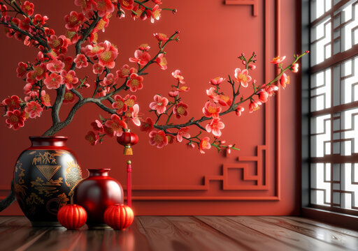 中式木制地板上裝飾有紅墻、花瓶和燈籠的櫻花