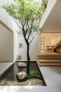現(xiàn)代簡約室內(nèi)設(shè)計(jì)，樹木與小花園的融合