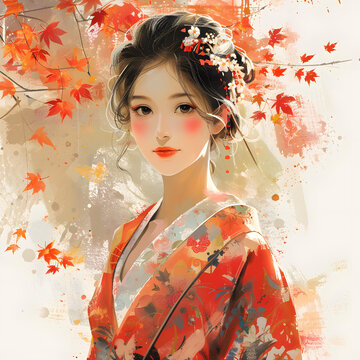 一個身穿紅色和服的美麗日本女人站在一片紅色的楓葉林中。