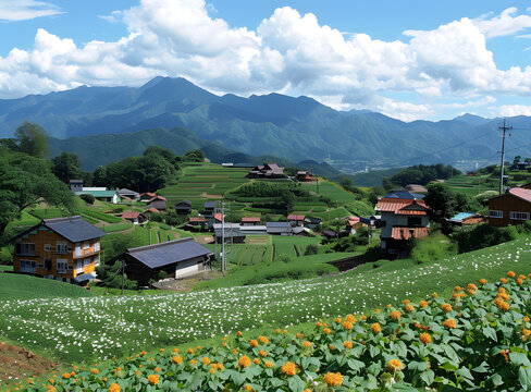 層層疊疊的梯田與寧?kù)o的日本鄉(xiāng)村
