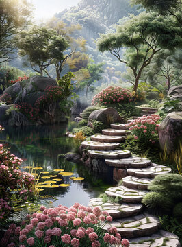 奇幻森林中的石板路