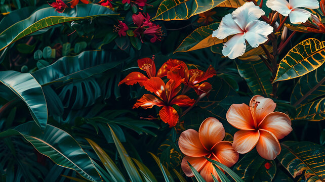 熱帶花卉和葉子背景