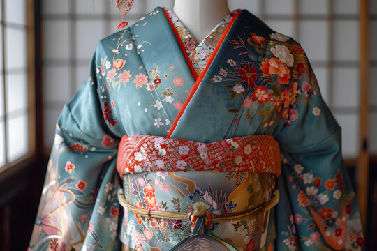一件帶花卉圖案的和服的特寫