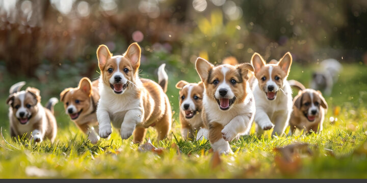 七只柯基犬在草地上玩耍