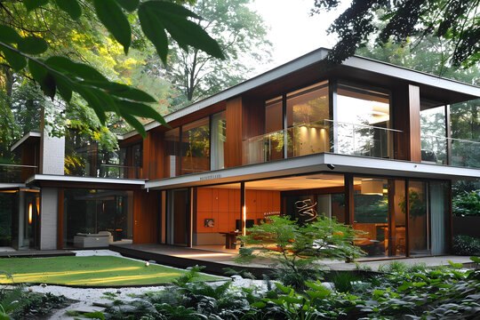 現(xiàn)代建筑風(fēng)格的大窗戶住宅和綠色花園