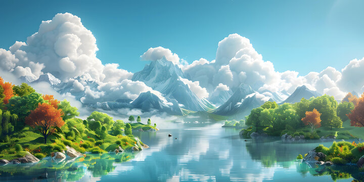 奇幻風(fēng)景畫：湖泊、山脈和森林