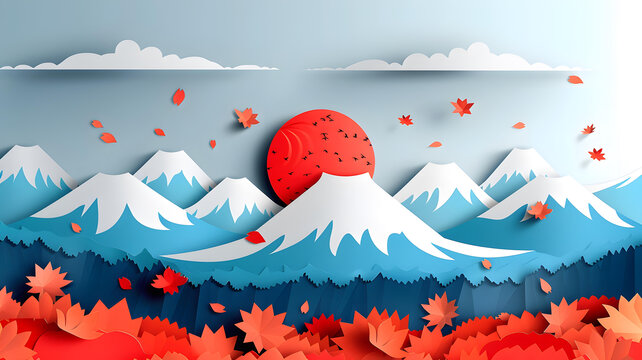 紙藝風(fēng)格的山峰紅日風(fēng)景