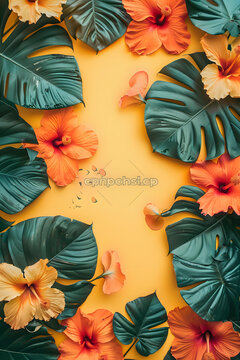 熱帶花卉和葉子在黃色背景上