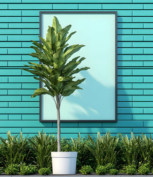 簡約綠植和空白海報背景墻