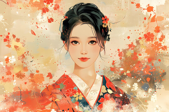 一個(gè)身穿紅色和服的亞洲婦女，背景是秋葉
