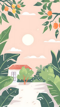 夏日風(fēng)景：帶棕櫚樹的房子