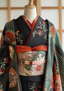一件帶花卉圖案的和服和一條紅色腰帶