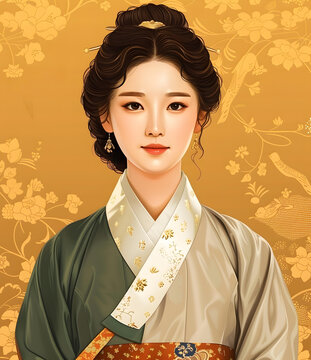 身穿韓國傳統(tǒng)服飾的年輕女子肖像