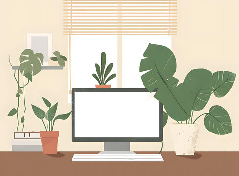 極簡風格的家庭辦公桌，帶植物和電腦