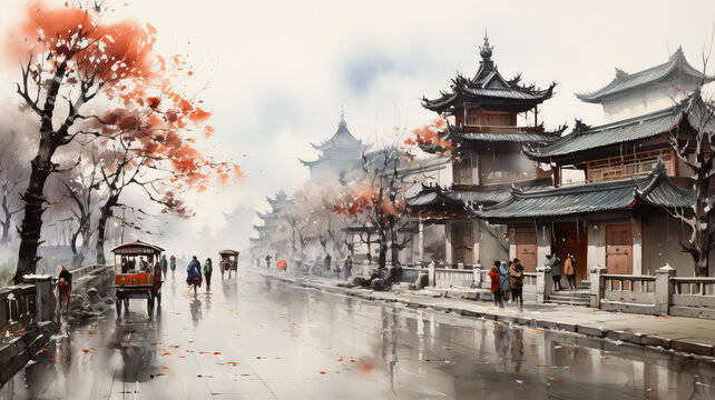 中國(guó)街上雨中行人