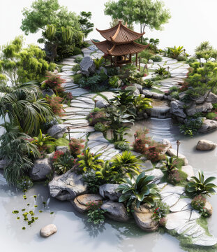 帶有中國(guó)傳統(tǒng)涼亭和石板小路的花園