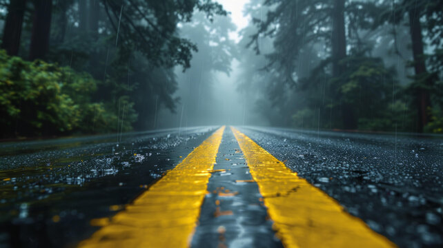 雨天柏油馬路上黃色的線