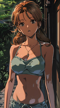 一個動漫女孩站在一棟房子的前面