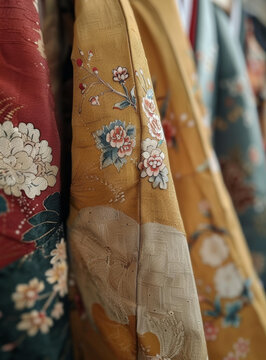 一件帶花卉圖案的和服的特寫
