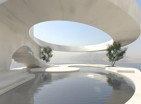 簡(jiǎn)約建筑與泳池和海景