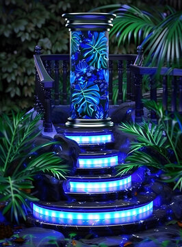 藍色發(fā)光階梯與熱帶植物