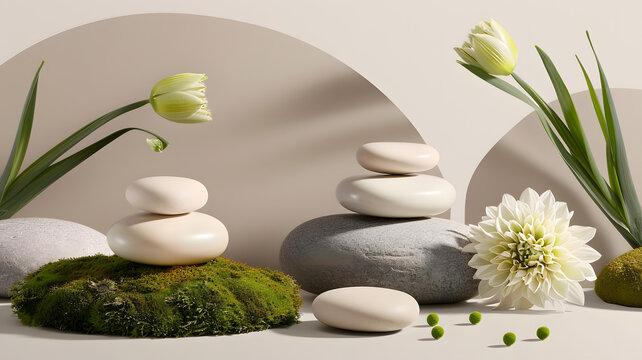 巖石、花朵和苔蘚的極簡靜物