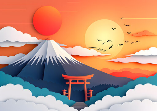 紙藝風(fēng)格富士山日落景色