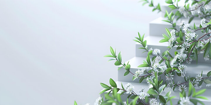白色花朵在臺階上生長