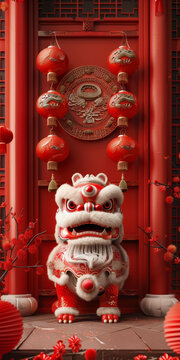 一只紅色和金色的中國獅子雕像背景為紅色