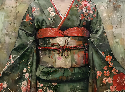 一個(gè)身穿綠色和服的日本藝伎