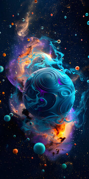 一顆藍(lán)色的行星在一個色彩斑斕的星云中