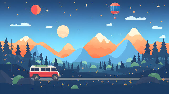 夜晚星空下山間行駛的房車