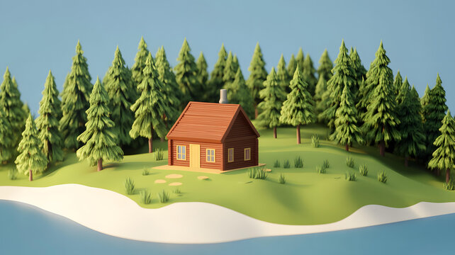 低多邊形森林小屋 藍天背景