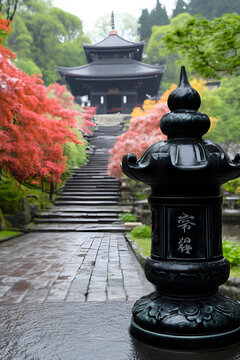 日本寺廟的石燈籠和通往寶塔的小路